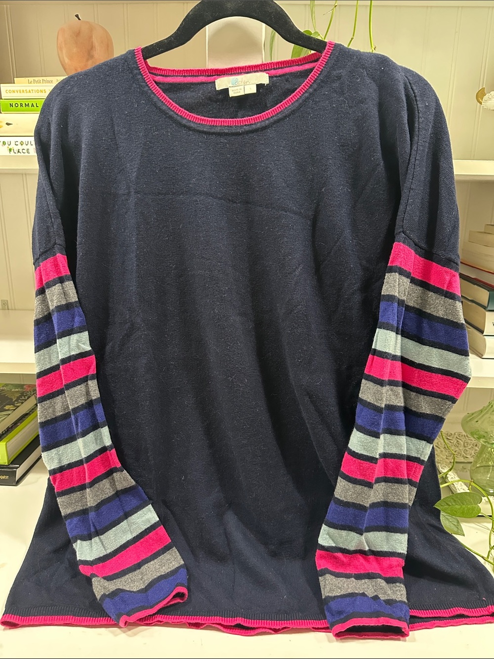 Boden Navy Crewneck Sweater with Pink, Gray and Blue Striped Sleeves
